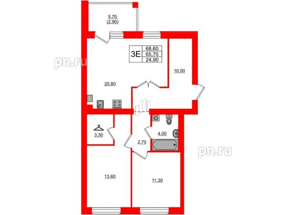 Квартира в ЖК «Сиреневый бульвар», 2 комнатная, 69.2 м², 3 этаж