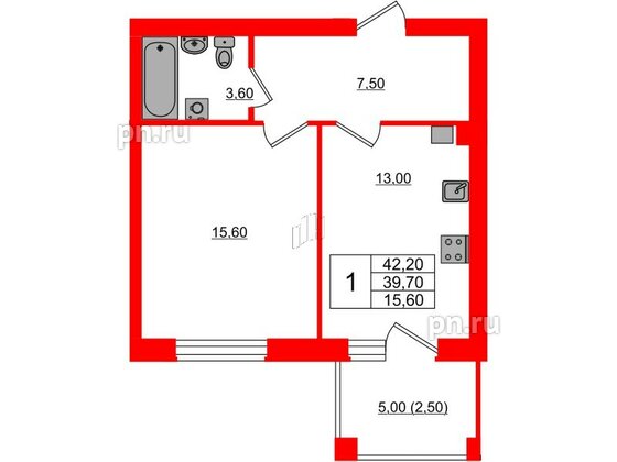 Квартира в ЖК «Сиреневый бульвар», 1 комнатная, 42.5 м², 4 этаж