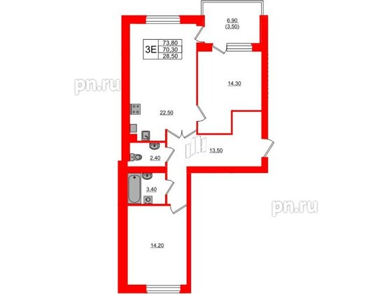 Квартира в ЖК «Сиреневый бульвар», 2 комнатная, 74.5 м², 4 этаж