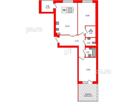 Квартира в ЖК «Сиреневый бульвар», 2 комнатная, 78.3 м², 2 этаж