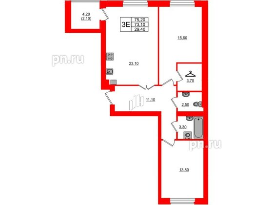 Квартира в ЖК «Сиреневый бульвар», 2 комнатная, 76.2 м², 3 этаж