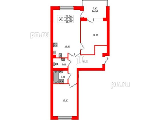 Квартира в ЖК «Сиреневый бульвар», 1 комнатная, 72.3 м², 4 этаж