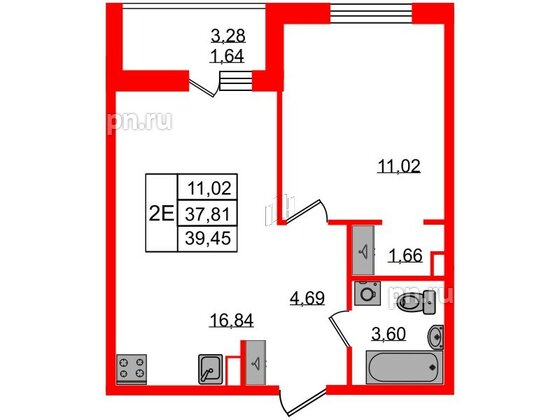 Квартира в ЖК Энфилд, 1 комнатная, 39.45 м², 2 этаж