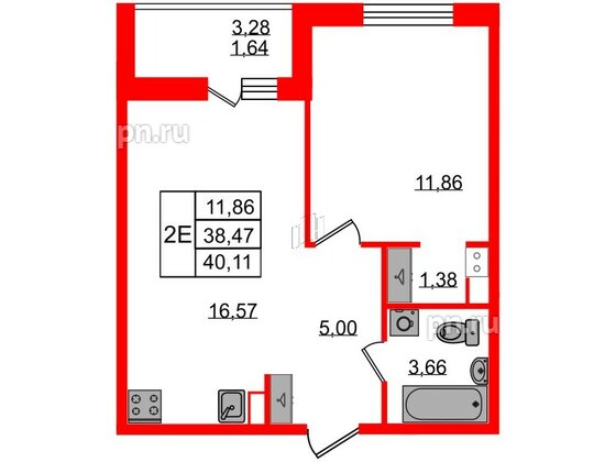 Квартира в ЖК Энфилд, 1 комнатная, 40.11 м², 3 этаж