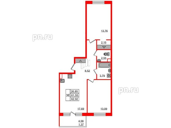 Квартира в ЖК Энфилд, 2 комнатная, 62.92 м², 2 этаж