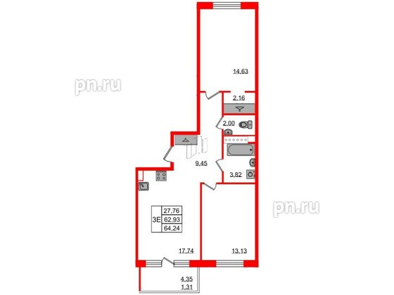 Квартира в ЖК Энфилд, 2 комнатная, 64.24 м², 3 этаж