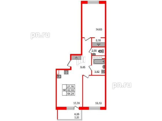 Квартира в ЖК Энфилд, 2 комнатная, 64.24 м², 6 этаж