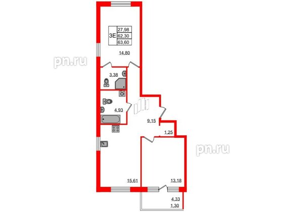 Квартира в ЖК Энфилд, 2 комнатная, 63.6 м², 2 этаж