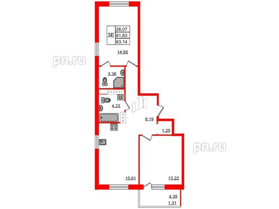 Квартира в ЖК Энфилд, 2 комнатная, 63.14 м², 5 этаж