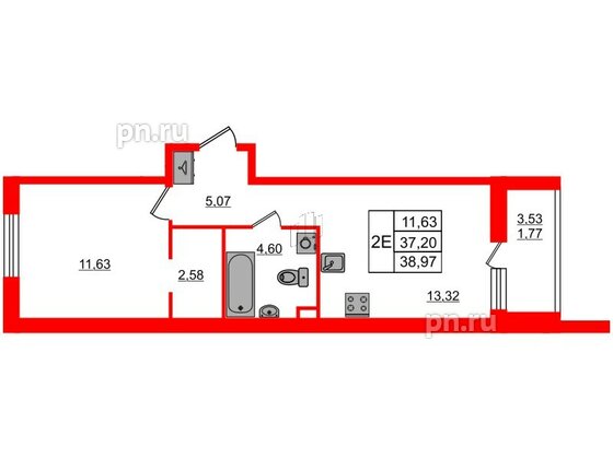 Квартира в ЖК Энфилд, 1 комнатная, 38.97 м², 2 этаж