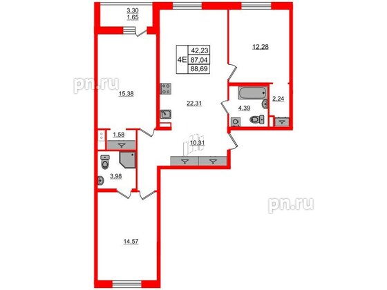 Квартира в ЖК Энфилд, 3 комнатная, 88.69 м², 7 этаж