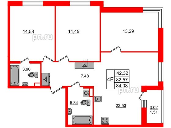 Квартира в ЖК Энфилд, 3 комнатная, 84.08 м², 2 этаж