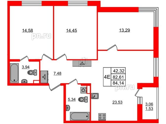 Квартира в ЖК Энфилд, 3 комнатная, 84.14 м², 3 этаж