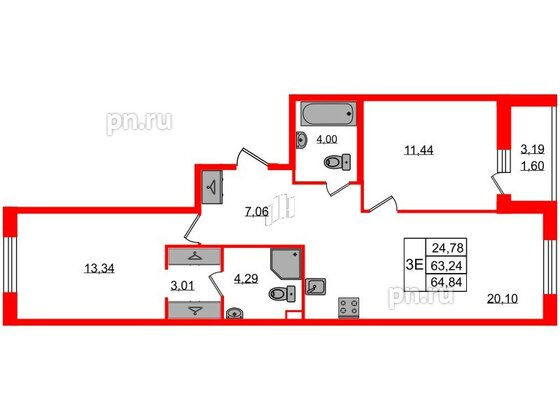 Квартира в ЖК Энфилд, 2 комнатная, 64.84 м², 2 этаж