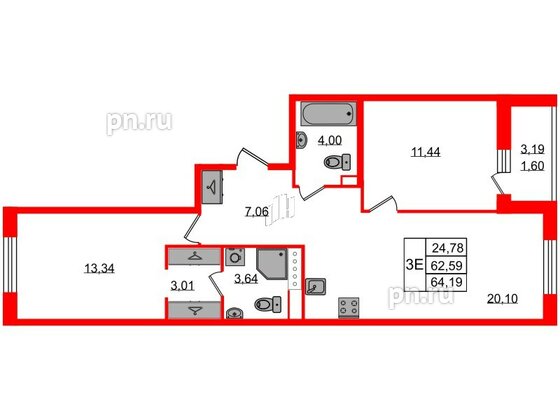 Квартира в ЖК Энфилд, 2 комнатная, 64.19 м², 3 этаж