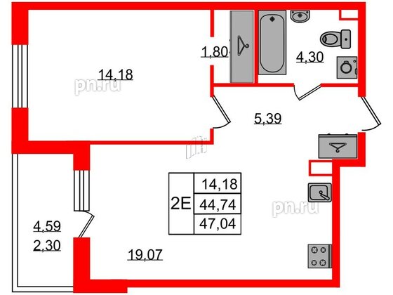 Квартира в ЖК Энфилд, 1 комнатная, 47.04 м², 11 этаж