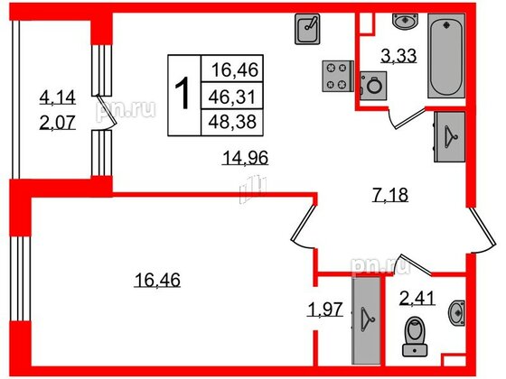 Квартира в ЖК Энфилд, 1 комнатная, 48.38 м², 3 этаж