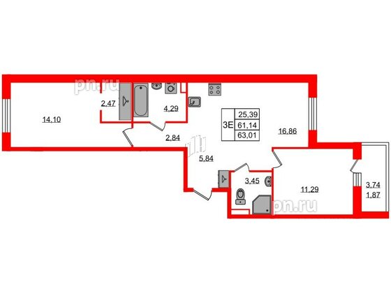 Квартира в ЖК Энфилд, 2 комнатная, 63.01 м², 2 этаж