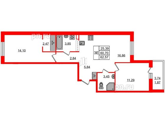 Квартира в ЖК Энфилд, 2 комнатная, 62.57 м², 5 этаж