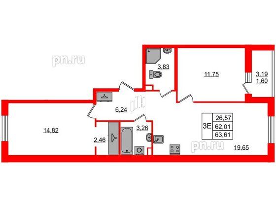 Квартира в ЖК Энфилд, 2 комнатная, 63.61 м², 2 этаж