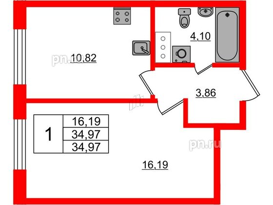 Квартира в ЖК Аквилон Янино, 1 комнатная, 34.97 м², 2 этаж