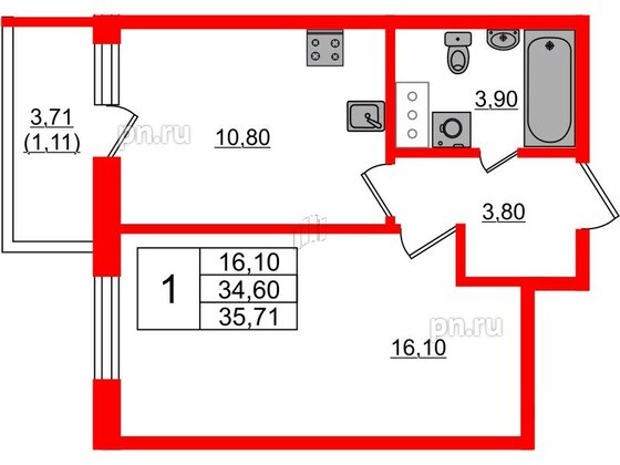 Квартира в ЖК Аквилон Янино, 1 комнатная, 35.71 м², 7 этаж