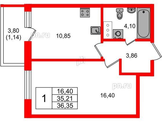 Квартира в ЖК Аквилон Янино, 1 комнатная, 36.35 м², 8 этаж