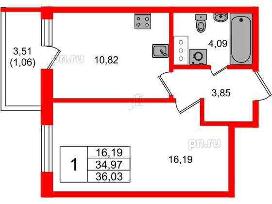 Квартира в ЖК Аквилон Янино, 1 комнатная, 36.35 м², 12 этаж