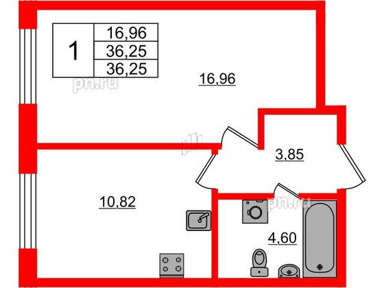 Квартира в ЖК Аквилон Янино, 1 комнатная, 36.25 м², 1 этаж