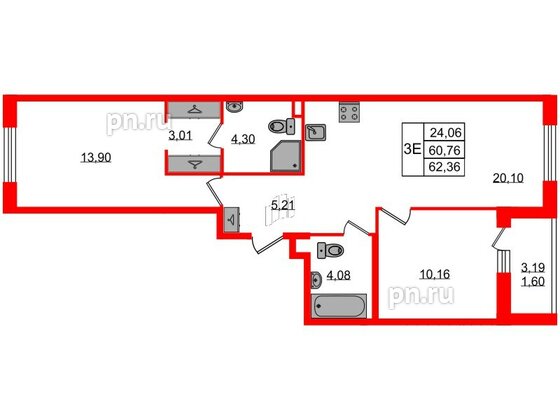 Квартира в ЖК Энфилд, 2 комнатная, 62.36 м², 2 этаж