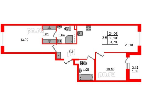 Квартира в ЖК Энфилд, 2 комнатная, 61.7 м², 4 этаж