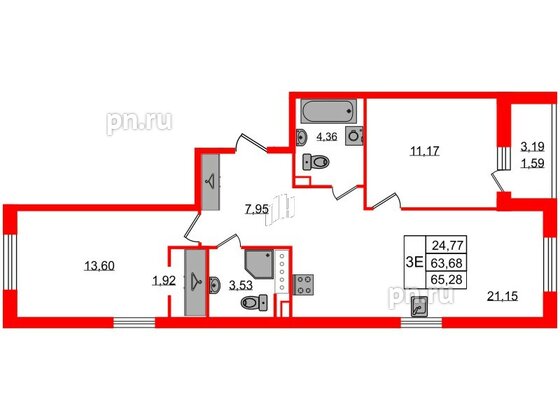 Квартира в ЖК Энфилд, 2 комнатная, 65.28 м², 3 этаж