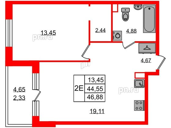 Квартира в ЖК Энфилд, 1 комнатная, 46.88 м², 2 этаж