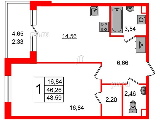 Квартира в ЖК Энфилд, 1 комнатная, 48.59 м², 3 этаж