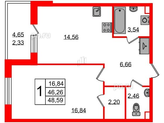 Квартира в ЖК Энфилд, 1 комнатная, 48.59 м², 7 этаж