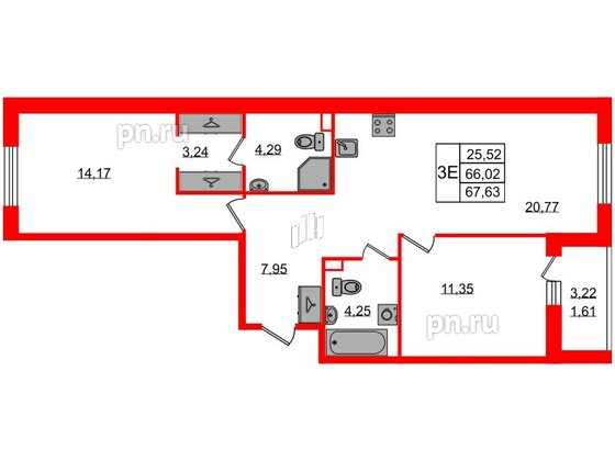 Квартира в ЖК Энфилд, 2 комнатная, 67.63 м², 2 этаж