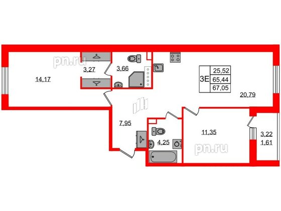 Квартира в ЖК Энфилд, 2 комнатная, 67.05 м², 3 этаж