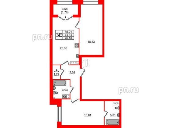 Квартира в ЖК Наука, 2 комнатная, 76.13 м², 3 этаж