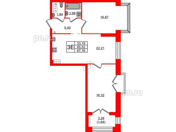 Квартира в ЖК Наука, 2 комнатная, 67.16 м², 7 этаж