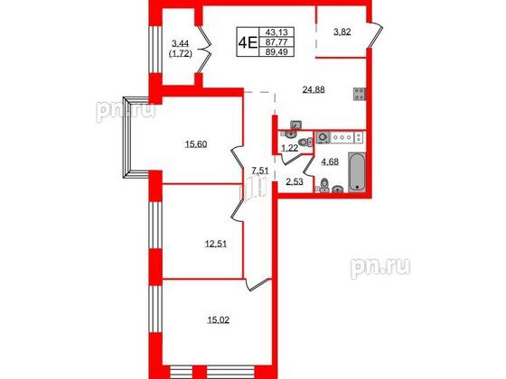 Квартира в ЖК Наука, 3 комнатная, 89.49 м², 4 этаж