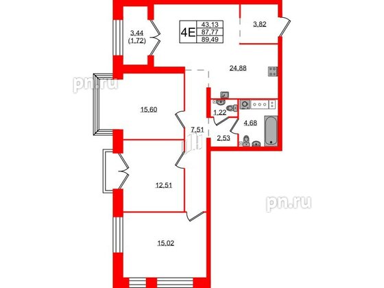 Квартира в ЖК Наука, 3 комнатная, 89.49 м², 7 этаж