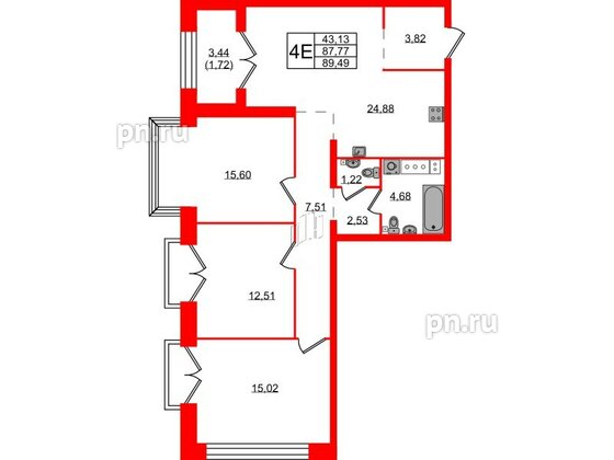 Квартира в ЖК Наука, 3 комнатная, 89.49 м², 11 этаж