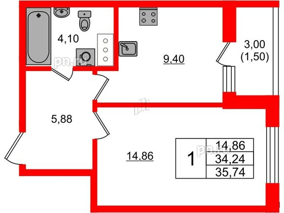 Квартира в ЖК Аквилон Янино, 1 комнатная, 35.74 м², 9 этаж