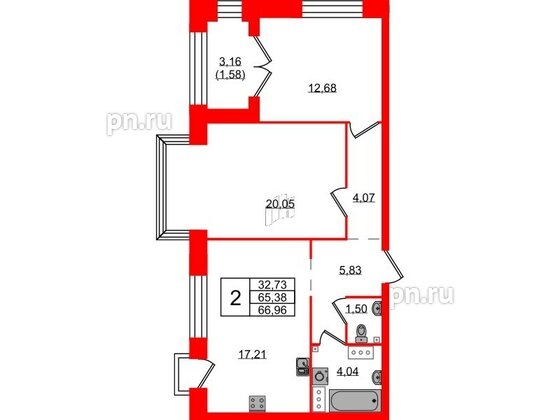 Квартира в ЖК Наука, 2 комнатная, 66.96 м², 8 этаж