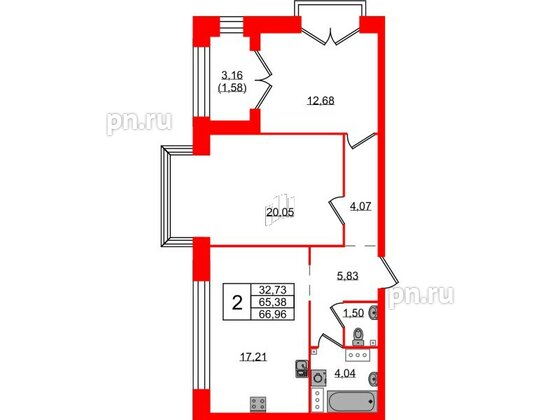 Квартира в ЖК Наука, 2 комнатная, 66.96 м², 11 этаж