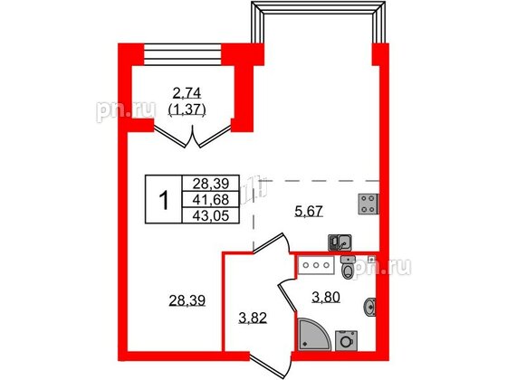 Квартира в ЖК Наука, 1 комнатная, 43.05 м², 9 этаж