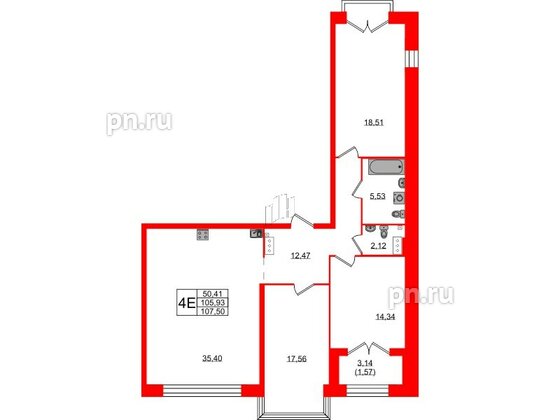 Квартира в ЖК Наука, 3 комнатная, 107.5 м², 11 этаж