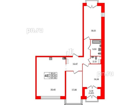 Квартира в ЖК Наука, 3 комнатная, 107.5 м², 12 этаж