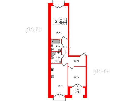 Квартира в ЖК Наука, 2 комнатная, 66.4 м², 12 этаж