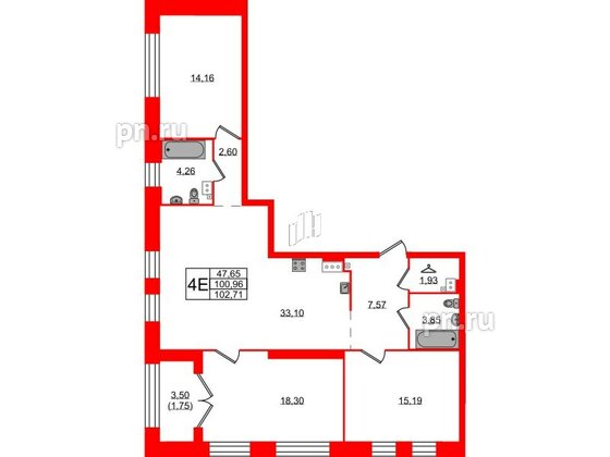 Квартира в ЖК Наука, 3 комнатная, 102.71 м², 3 этаж